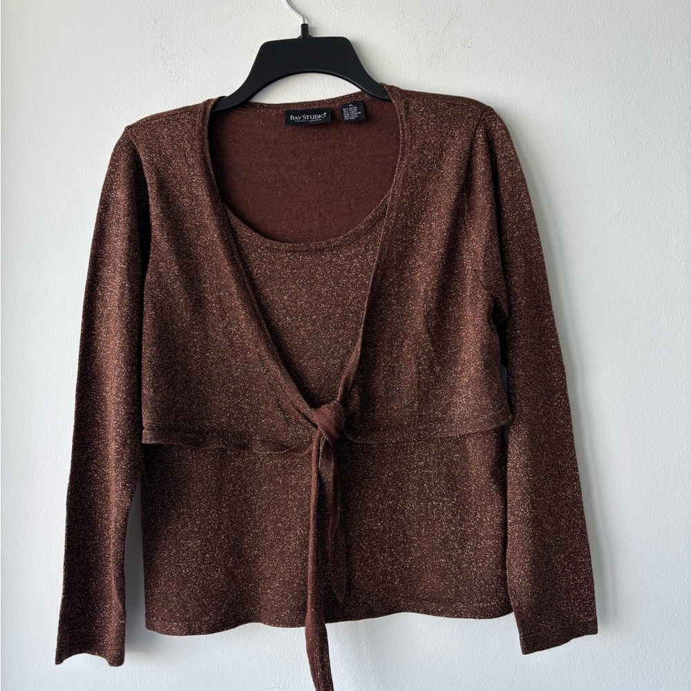 Y2K Bay Studio Top Brown Gold Shimmer Tie 2fer Layered Womens LP Glam Going Out